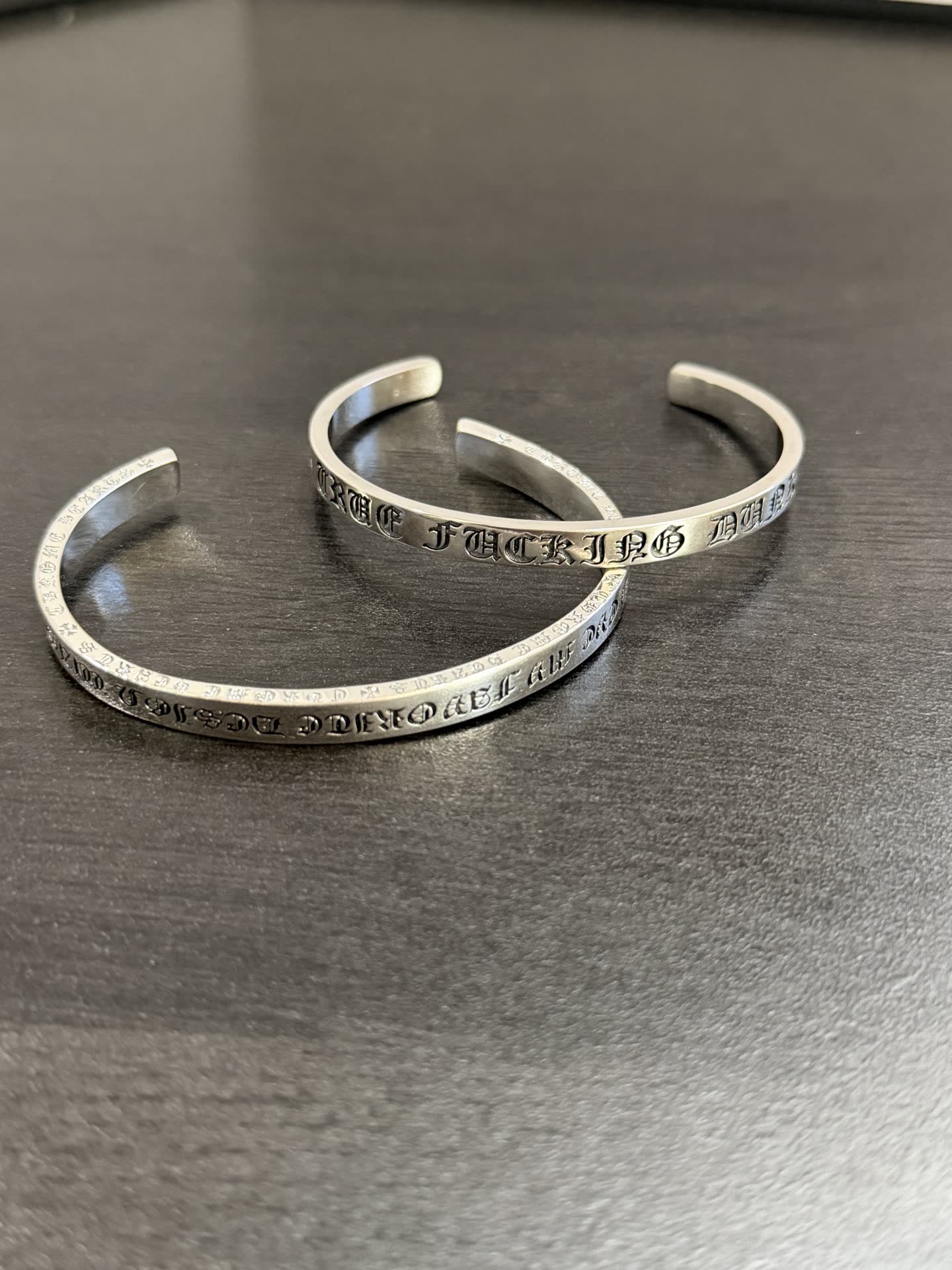 Chrome Hearts Silver Cuff Bracelets with Engraved Text